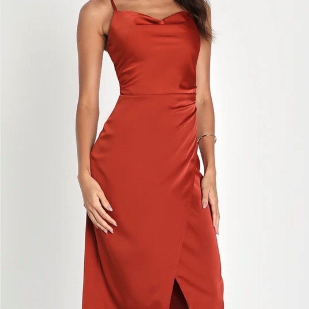 Lulu's Rust Red Satin Midi Slip Dress
